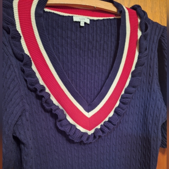 Voy Large Pullover RED WHITE Blue Patriotic Nautical SS Sweater Cable - Picture 5 of 7